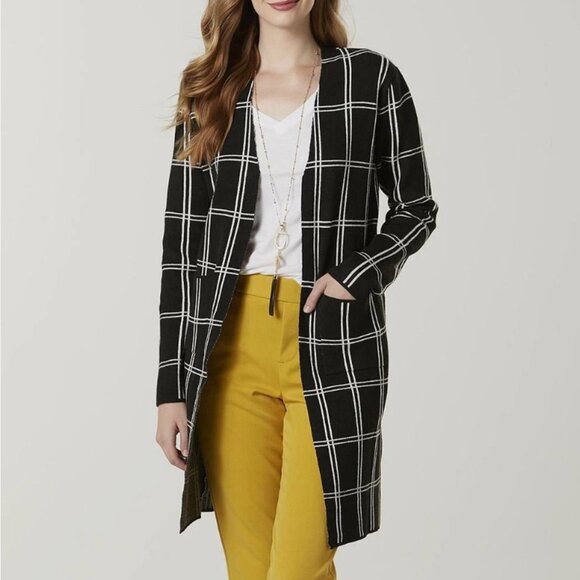 Charcoal Gray Cardigan Sweater Long Line Plaid Sears Size Large - Picture 1 of 9
